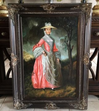 Antique Style Oil Painting Portrait 18th C.  Woman in a Pink Dress Signed Framed 2