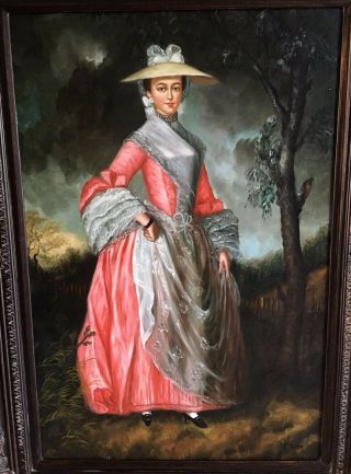Antique Style Oil Painting Portrait 18th C.  Woman in a Pink Dress Signed Framed 3