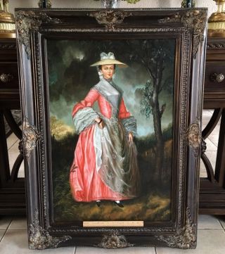 Antique Style Oil Painting Portrait 18th C.  Woman in a Pink Dress Signed Framed 4