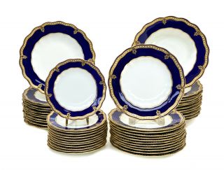 54pc Royal Crown Derby Cobalt Gold Emamel Dinner Service For 12 Antique