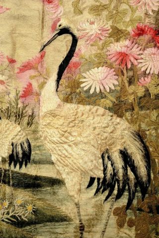 1900 ' s Japanese Silk Embroidery Wall Hanging Tapestry Panel Crane Bird Mk 112CM 2