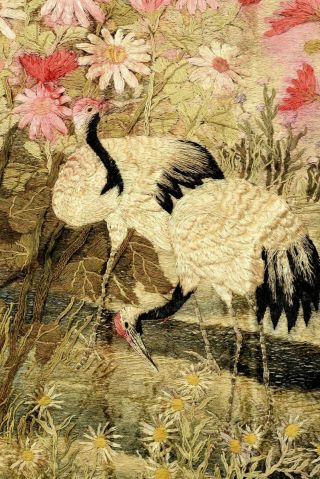 1900 ' s Japanese Silk Embroidery Wall Hanging Tapestry Panel Crane Bird Mk 112CM 3