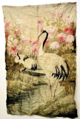 1900 ' s Japanese Silk Embroidery Wall Hanging Tapestry Panel Crane Bird Mk 112CM 4