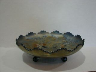 Vintage Blue Carnival Fenton Ruffle Glass Footed Bowl W/holly And Elk Deer