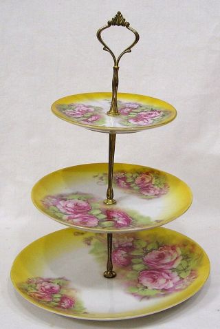 Vintage Three Tiered Tidbit Tray 1898 China Co.  Pink Roses On Yellow (14 1/2 ")
