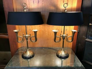 1950s Brass French Horn Bouillotte Table Lamps