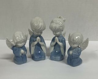 Vintage 2 Lefton Boy & 2 Girl Blue & White Praying Angel Christmas Figurines