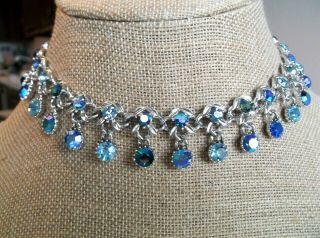 Vintage Designer Brilliant Sapphire Emerald Aqua Rhinestone Flower Drop Necklace