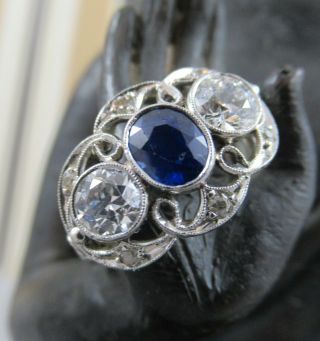 Antique Art Deco Era 18k White Gold Mine Cut Diamond & Sapphire Ring