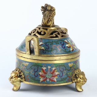 Antique Chinese Gilt Copper Cloisonne Incense Burner Censer 2