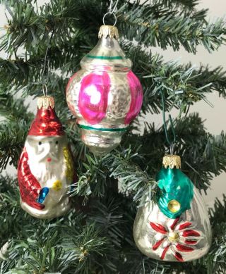3 Vintage Glass Christmas Ornaments Santa Claus,  2 Others Colom BIA 2