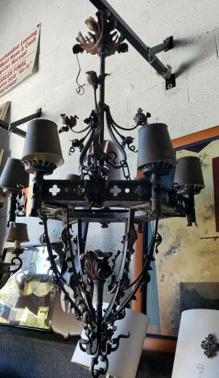 Antique Gothic Wrought Iron 6 Light Chandelier Early 20th Century