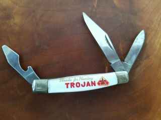 Vintage Trojan Seed Corn Folding Pocket Jack Knife Japan Farmer Barn Crib Cow