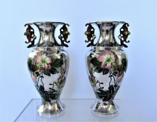 Antique Chinese Pair Silver & Enamel Vases Signed