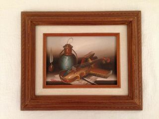 Vintage Small Still Life Painting Signed Oil On Canvas On Board Study Violin