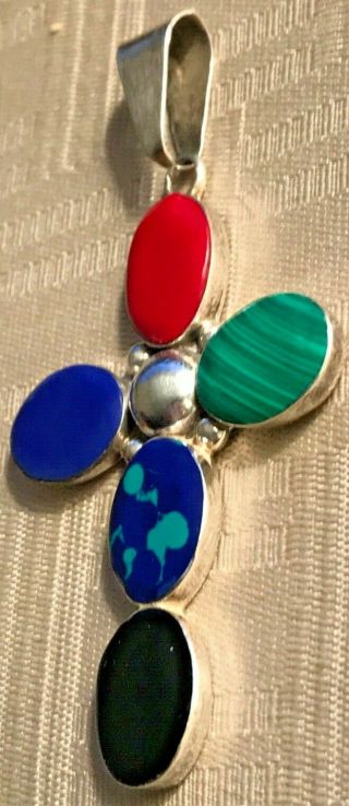 MEXICAN VINTAGE LARGE STERLING SILVER CROSS w/ 5 SEMI - PRECIOUS CABOCHONS 15.  9 g 3