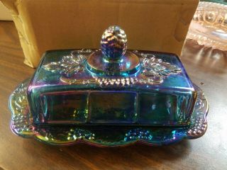 Vintage Indiana Glass Blue Iridescent Carnival Glass Butter Dish With Lid