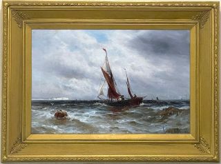 Fishing Boats Antique Marine Oil Painting By Gustave De Breanski (c.  1856 - 1898)