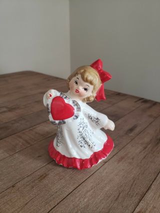 Vintage Lefton Girl Valentines Day Figurine Heart Red