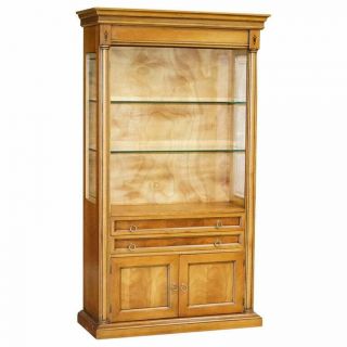 Light Walnut Vintage Bookcase Display Cabinet With Glass Shelves & Cupboard Base