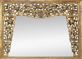 A Large Chinese Antique Carved And Pierced Wooden Frame Mirror.