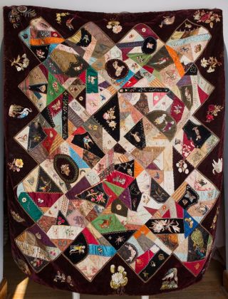 Antique 19th C 1800s Crazy Quilt Folk Art Hand Embroidered Blanket Early Patch