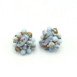Vintage Japan Signed Baby Blue Art Glass Beaded Cluster Clip Earrings