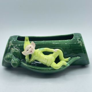 Vintage Treasure Craft Green Pixie Elf Figure Reclining By Log Planter