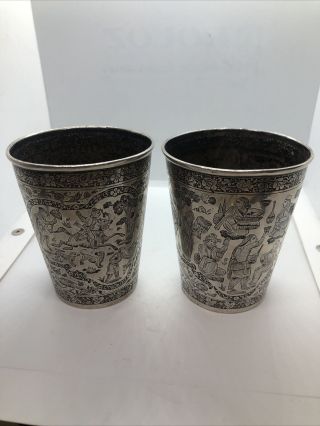 Pair Early C20th Persian Qajar Era Solid Silver Beakers By Jafar