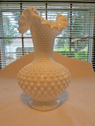 Vintage Fenton Hobnail Ruffled Crimped White Milk Glass Vase 11 " Tall Near