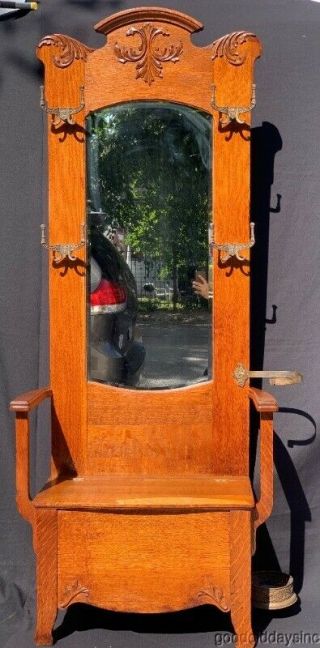 Antique Oak Hall Tree W/ Large Beveled Mirror & Storage Bench Umbrella Stand
