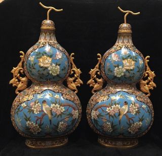 Pair Antique Chinese Cloisonne Enamel Gilded Open Work Floral Double Gourd Vases