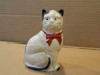 John Wright Co.  Cast Iron Cat Still Bank White W/ Red Bow Tie Vintage