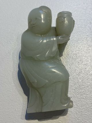 Antique Chinese Celadon Jade Figure Of A Boy/man Holding A Vase,  Qing? 10.  3cm H