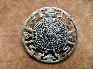 Vintage Emf Taxco Sterling Silver Aztec Calendar Brooch 2 " Dia Round Pin Signed