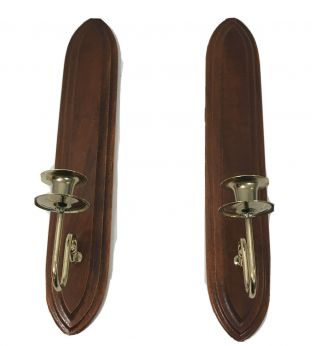 Home Interior Wood Brass Taper Votive Holder Wall Sconces Mcm Vintage 18 " Long