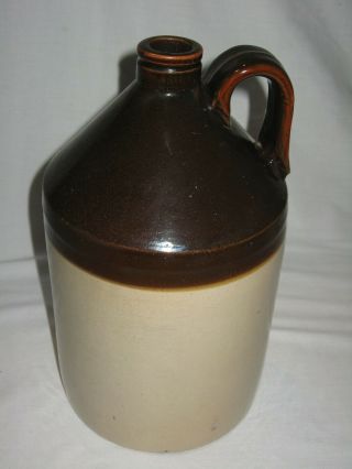 Vintage Stoneware Syrup Whiskey Handled Glazed Pottery Jug Brown & Tan No Marks