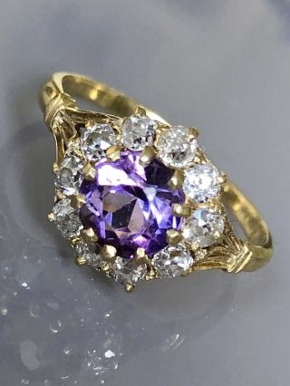 Stunning 1.  60 Carat Antique Amethyst Old Cut Diamond Daisy Ring 18ct Gold 18k