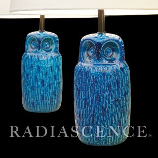 Pair Bitossi Aldo Londi Italy Rimini Blue Ceramic Owl Pottery Table Lamps Raymor