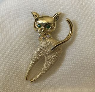 Vintage Cat Kitty Pin Brooch Gold Tone Green Eyes Rhinestone Collar Siamese