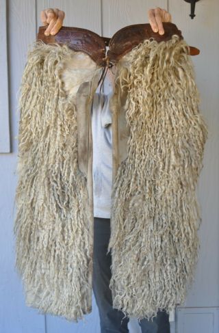 Antique Rodeo Cowboy Wooly Leather Chaps - Angora Wool - Circa 1900