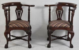 Chippendale Solid Mahogany Carved Corner Chairs Williamsburg Style