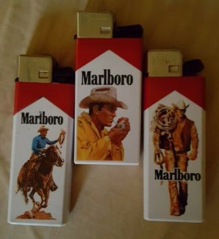Vintage Marlboro Man 3 Lighters Cigarette Marlboro Cowboy Collectible