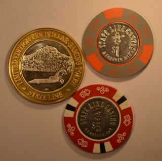 Vintage State Line Casino Chips Wendover Nevada Set Of 3 $1 $5 $10 Silver Strike