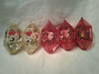 Vintage Set Of 5 Plastic Christmas Ornaments - Lanterns W/santa,  Elf Or Bells