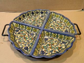 Marie Balian Armenian Jerusalem Metal Tray W/ 4 Floral Ceramic Dishes Vintage