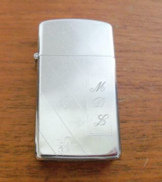 Zippo Slim Lighter 1988 Monogram Mdl High Polish Chrome Etched Lines And Date