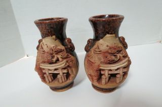 Set Of 2 Vintage Hand Made Glazed Clay Pottery Vases Japanese 3 D Scene 6 " Tall