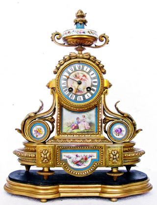 Antique French Ormolu Mantel Clock & Stand Sevres Porcelain Dial & Panels,  1869