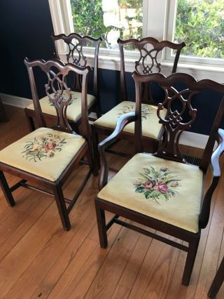 Chippendale Dining Chairs Set 8.  Vintage Mahogany With Needlepoint Seats